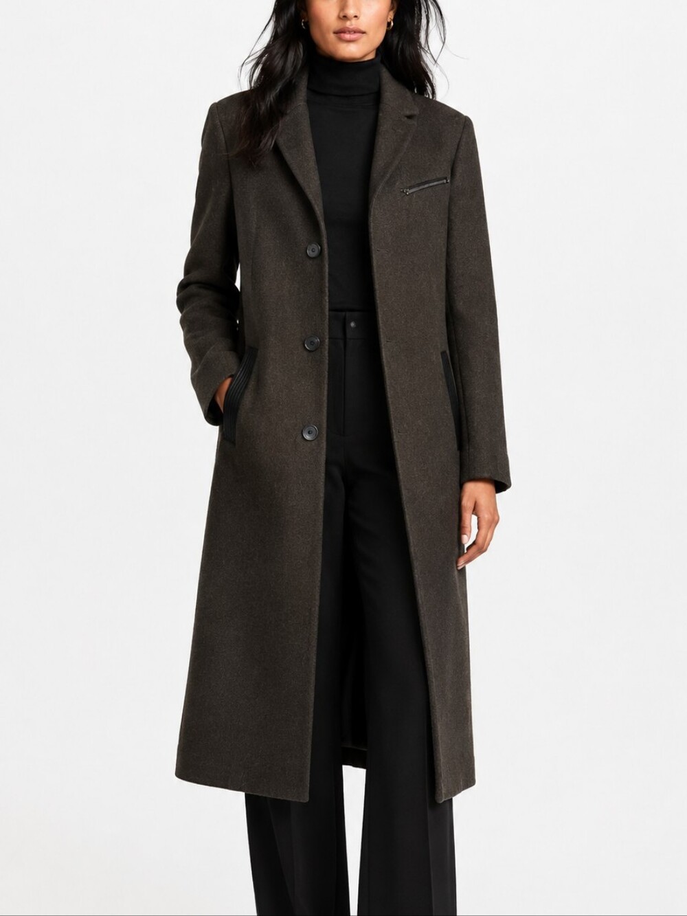Marc New York Long Wool Blend Moto Single Breasted Overcoat in Olive